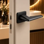 Poignée de porte Recta noire sur porte de salle de bain contemporaine