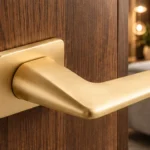 Poignée Recta doré brossé sur porte en bois, détail de finition