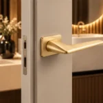 Poignée Recta doré brossé sur porte de salle de bain, ambiance contemporaine