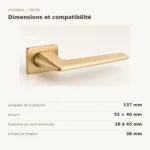 Dimensions poignée Kuchinox Recta KRT_G00A : longueur 137 mm, rosace 52 par 40 mm, porte 38 à 45 mm, fixation 38 mm
