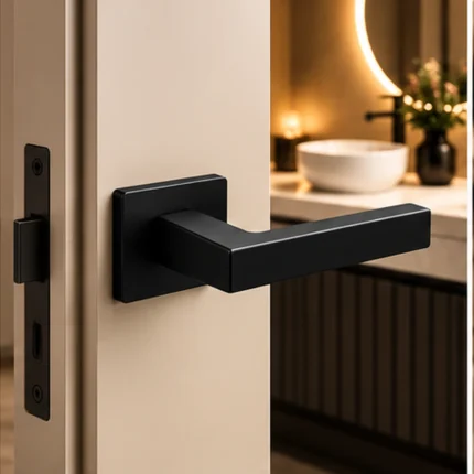 Poignée de porte Kvadrato II noire sur porte ivoire, mise en situation illustrative