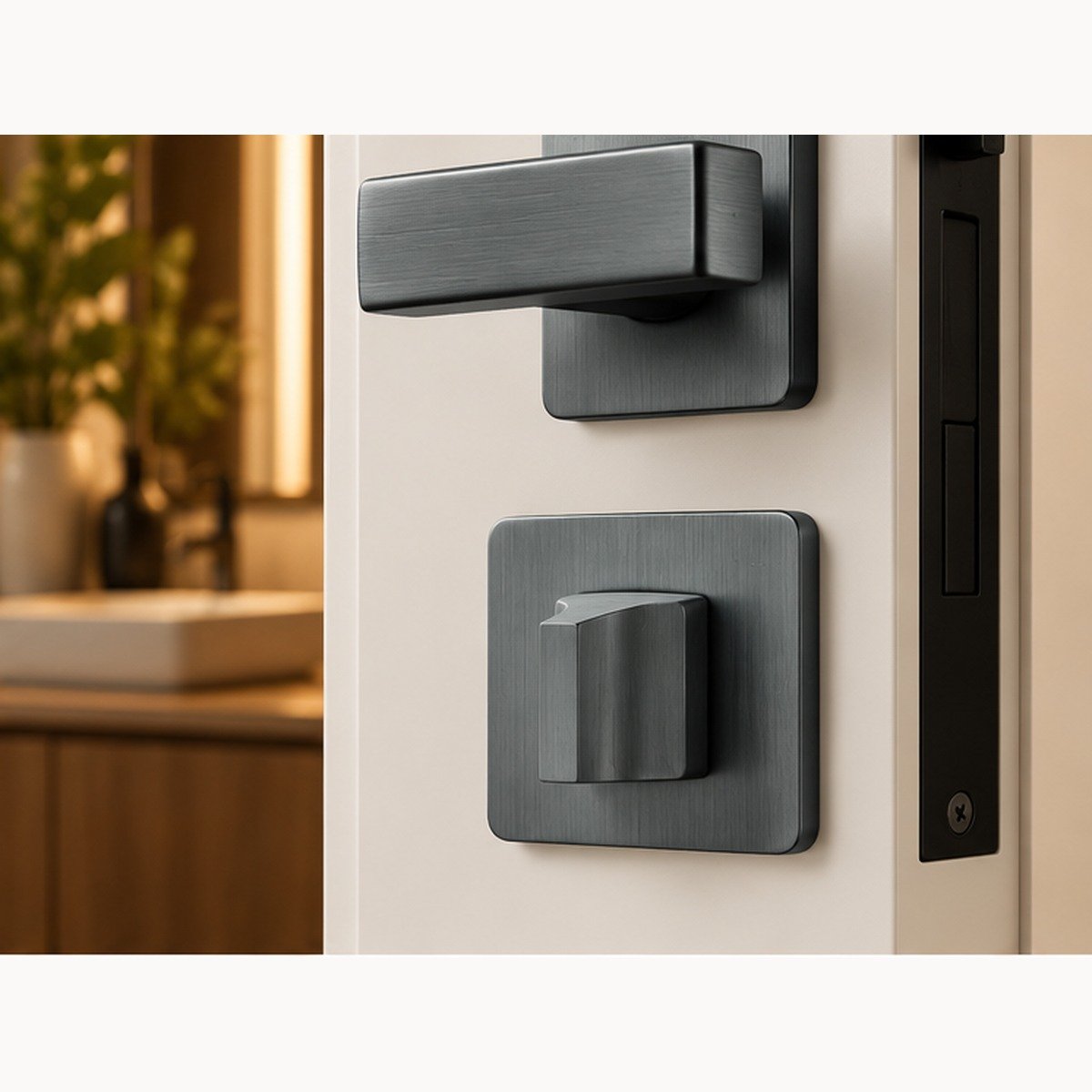 Rosace WC graphite installée sur porte intérieure, visuel d'ambiance illustratif
