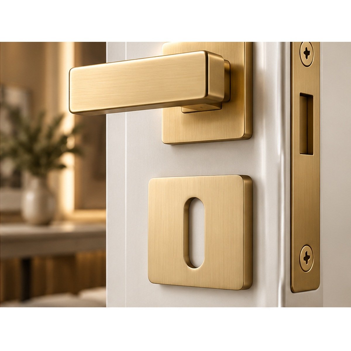 Rosace à clé doré brossé sur porte, mise en situation illustrative